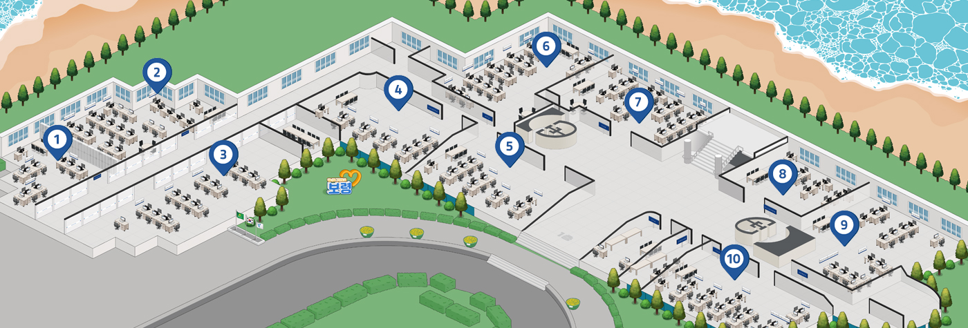 본청1층 배치도이며 1번 경로장애인과 2번 복지정책과 3번 가족지원과 4번 신산업전략과 5번 건축과 6번 세무과 7번 회계과 8번 재난안전상황실 9번 안전총괄과 10번 수산과